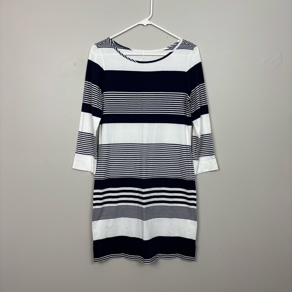 Lilly Pulitzer Dress Small Blue White Stripe Marlowe Pima Cotton 3/4 Sleeve Mini